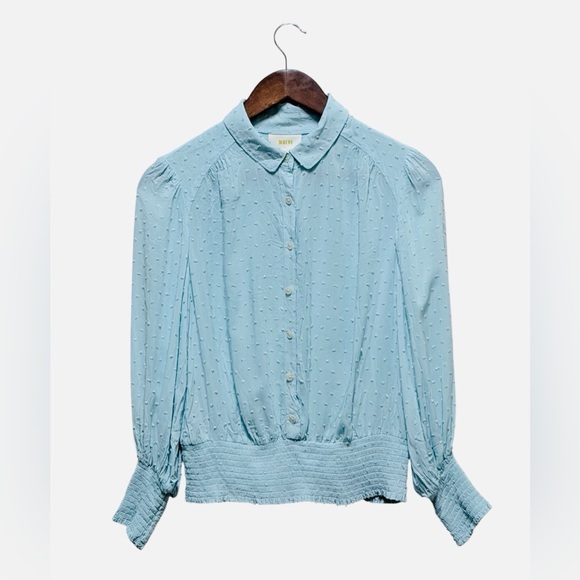 Anthropologie Maeve Blue Rosa Swiss Dot Blouse Teal Cropped Size S - Picture 2 of 5